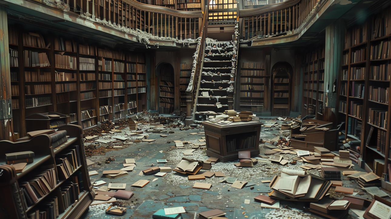 A library in ruins. Bookshelves are overturned, books are strewn across the floor, and a staircase leads up to a balcony.
