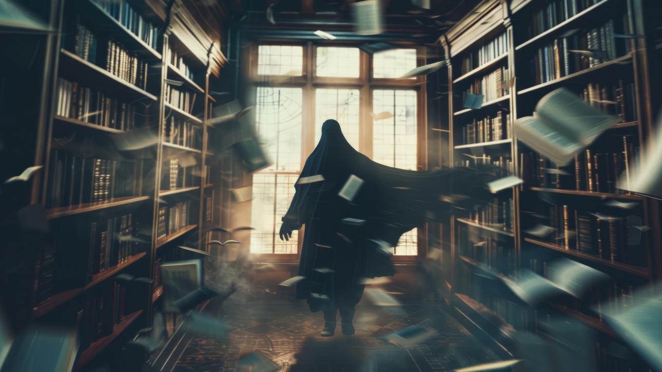 A spooky silhouette of a ghost drifting through an old library with books flying around